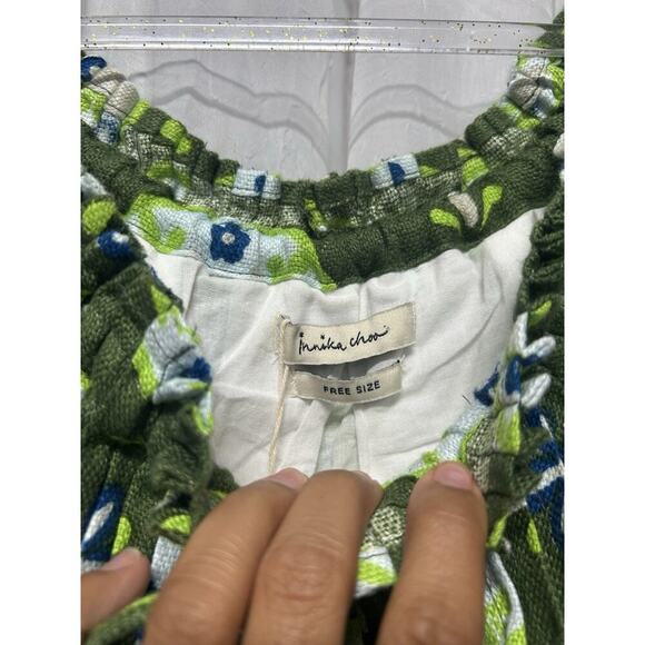 Innika Choo Dress 100% Linen Floral Dart Off Shoulder Mini Dress Boho Chic Green - Picture 7 of 13